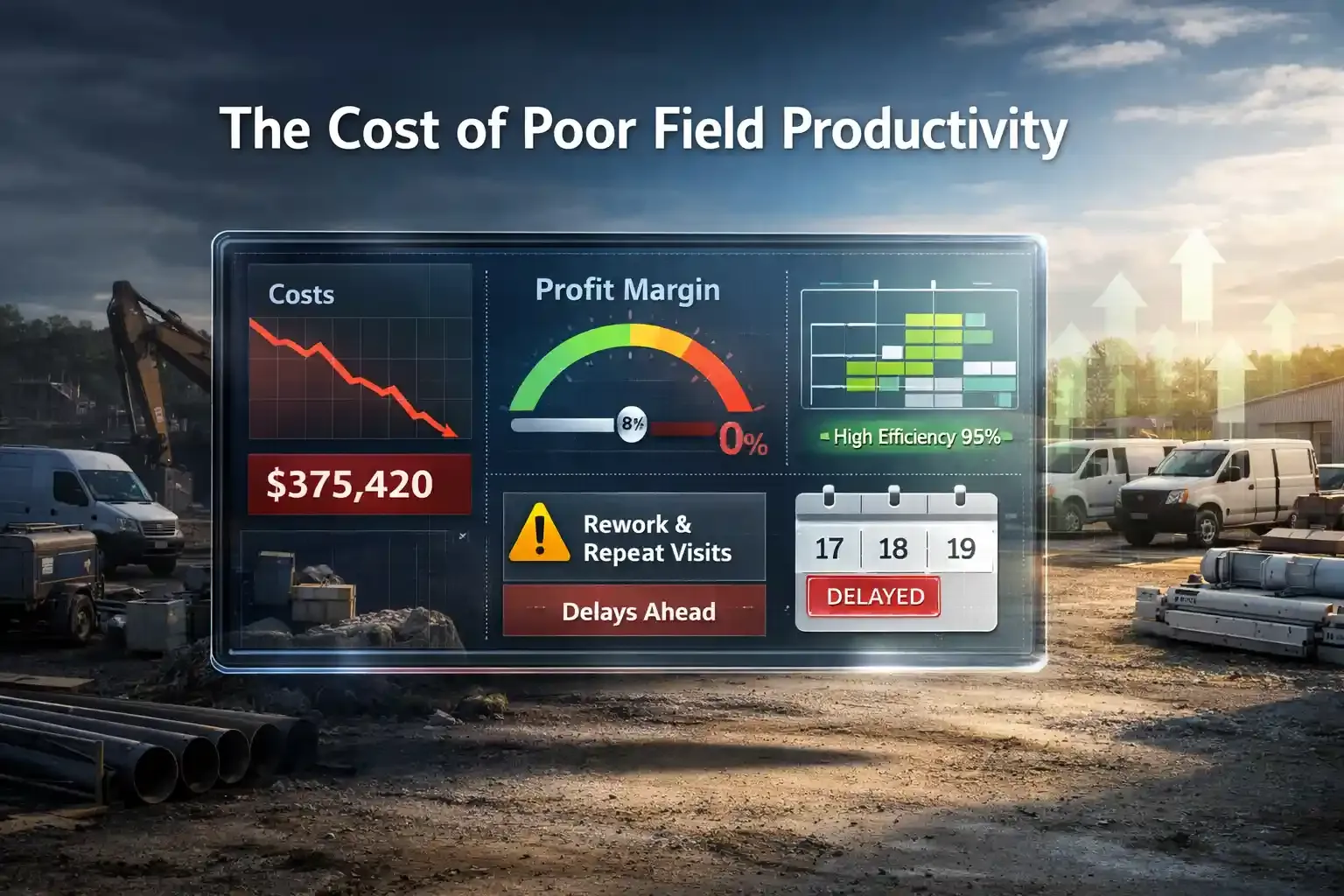 Construction site with idle equipment and a falling profit dashboard